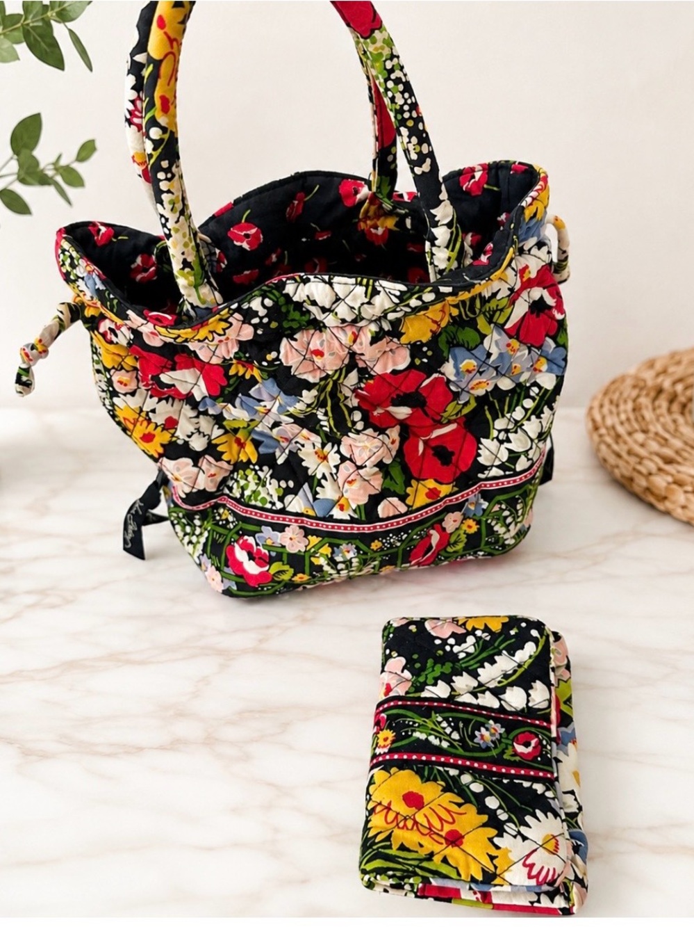 Vera Bradley Black Multi Floral Quilted Purse with matching wallet